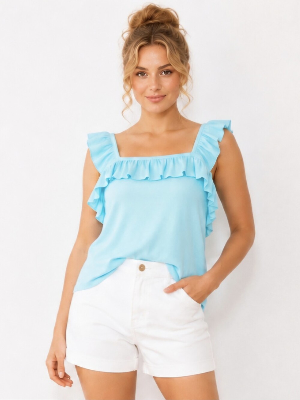 Sky Blue Ruffle Square Neck Tank Top Cottagecore Coquette XL